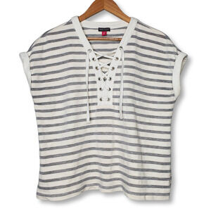 Vince Camuto Striped Lace Up Tee White Gray Sz M